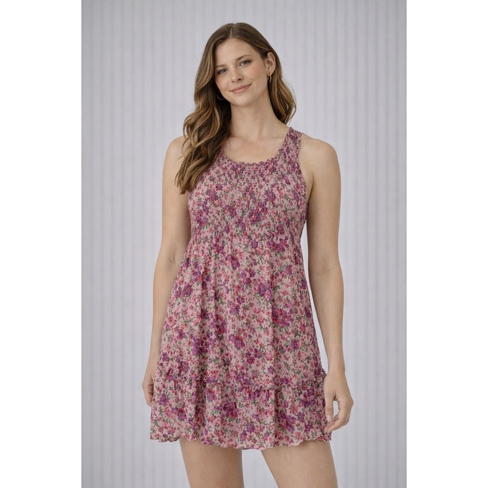 Indigo Rose Floral Mini Dress Womens Size Medium Pink Smocked Ruffle Cottagecore